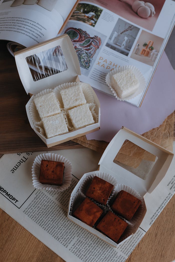 Delicious assortment of pralines and marshmallow treats displayed on newspapers and magazines.